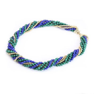 Lot 114 - A gold, malachite, and lapis lazuli torsade style collar