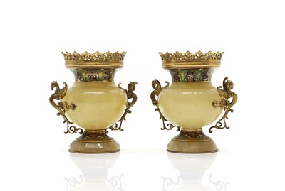 Lot 281 - A pair of onyx and champleve enamel vases