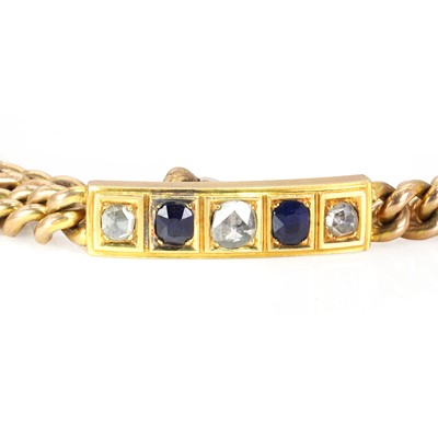 Lot 13 - A curb link bracelet with a diamond and sapphire panel, c.1880