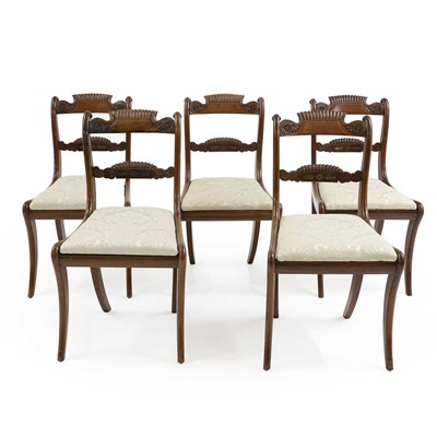 Lot 433 - A set of five Regency mahogany and brass inlaid dining chairs