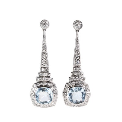 Lot 194 - A pair of aquamarine and diamond long drop earrings