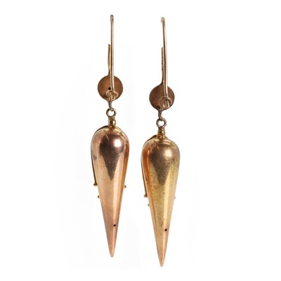 Lot 12 - A pair of Victorian Etruscan revival, inverted pippin drop earrings, c.1870