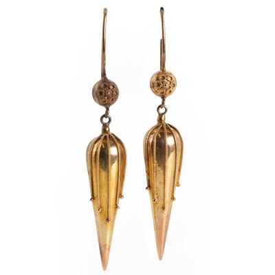 Lot 12 - A pair of Victorian Etruscan revival, inverted pippin drop earrings, c.1870