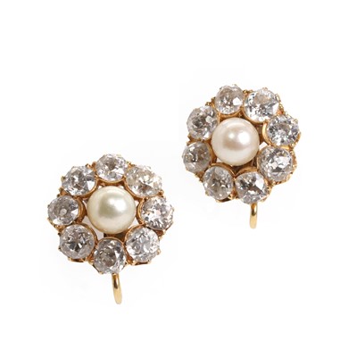 Lot 32 - A pair of late Victorian pearl and diamond cluster earrings, c.1880