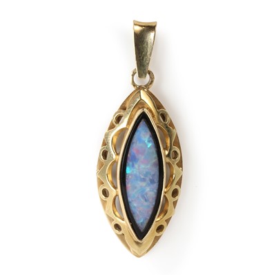 Lot 225 - A marquise shaped black opal doublet pendant