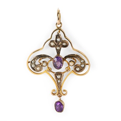 Lot 53 - An Edwardian amethyst and split pearl pendant