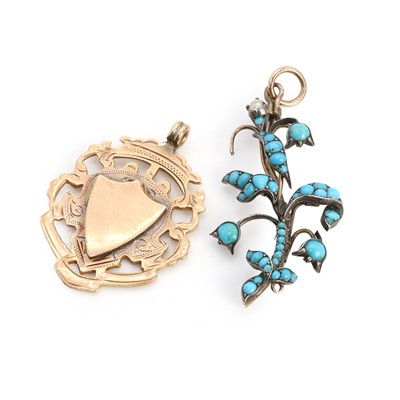 Lot 292 - A turquoise set spray pendant and a 9ct gold medallion