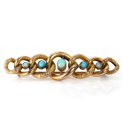 Lot 60 - A graduated curb link opal and turquoise bar brooch