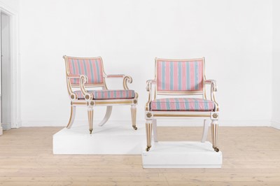 Lot 564 - A pair of Regency-style painted and parcel-gilt armchairs