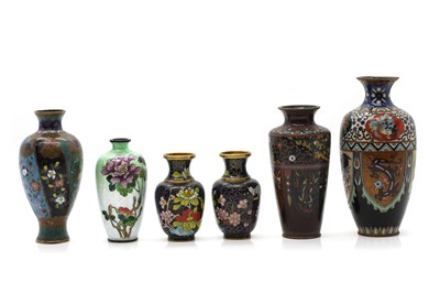 Lot 148 - A group of six Japanese and Chinese cloisonné vases