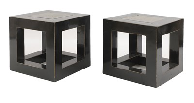 Lot 487 - A pair of ebonised and marble inlaid side tables