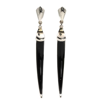 Lot 252 - A pair of sterling silver black enamel 'Tusk' drop earrings, by Shaun Leane