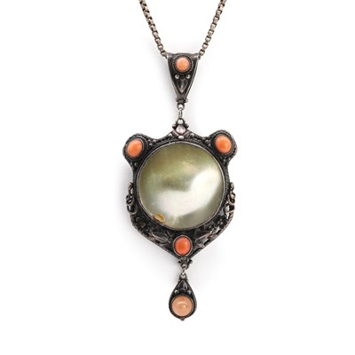 Lot 70 - An Arts and Crafts silver blister pearl and coral pendant