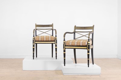 Lot 421 - A pair of George III painted and parcel-gilt ebonised chairs