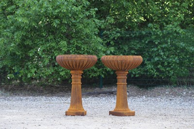 Lot 678 - A pair of rusted cast iron garden urns