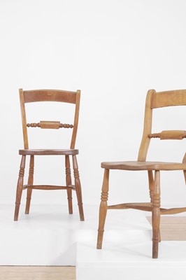 Lot A harlequin set of eight elm and beech Oxford single chairs