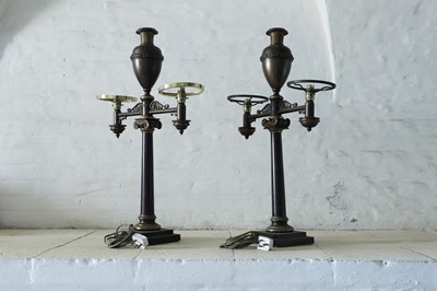 Lot 47 - A pair of bronze twin-branch library lamps