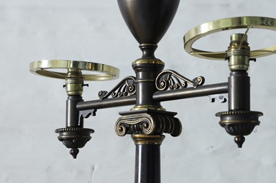 Lot 47 - A pair of bronze twin-branch library lamps