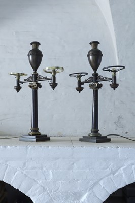 Lot 47 - A pair of bronze twin-branch library lamps