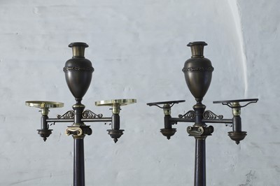 Lot 47 - A pair of bronze twin-branch library lamps