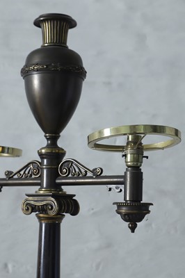 Lot 47 - A pair of bronze twin-branch library lamps