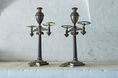 Lot 47 - A pair of bronze twin-branch library lamps