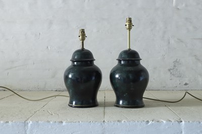 Lot 352 - A pair of Holkham Pottery simulated malachite pottery table lamps