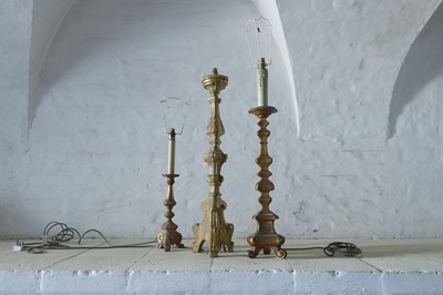 Lot 185 - Three carved giltwood torchère table lamps