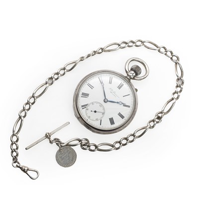 Lot 523 - A silver top wind open faced pocket watch and an Albert chain