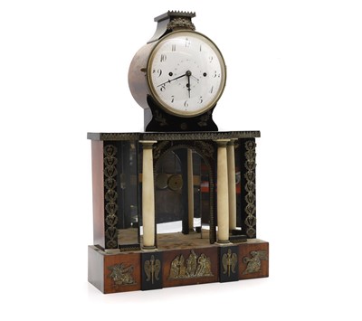 Lot 220 - An mahogany, ebonised and alabaster mantel clock