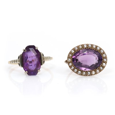 Lot 33 - A Victorian amethyst and seed pearl brooch and an amethyst ring