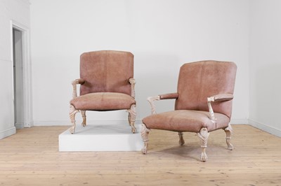 Lot 607 - A pair of oversized leather and limed wooden Gainsborough armchairs