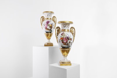 Lot 21 - A pair of Rockingham swan-handled porcelain vases in the Rockingham style