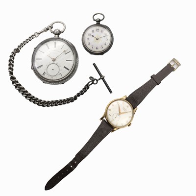 Lot 36H - A gold Trebex mechanical strap watch, a silver pocket watch and a silver fob watch