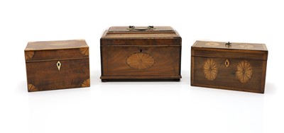 Lot 311 - A group of three George III mahogany and satinwood tea caddies