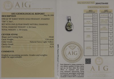 Lot 164 - † A white gold mounted fancy coloured diamond drop shaped pendant