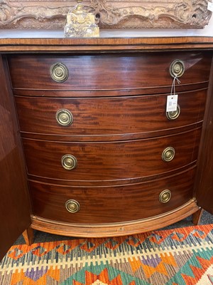 Lot 435 - A George III Sheraton period satinwood and tulipwood demilune side cabinet