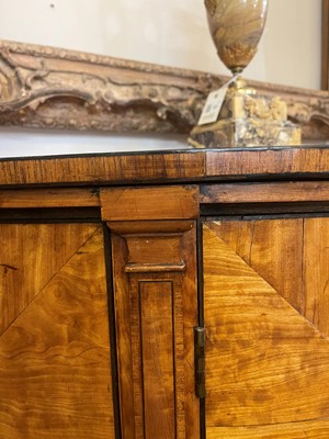 Lot 435 - A George III Sheraton period satinwood and tulipwood demilune side cabinet