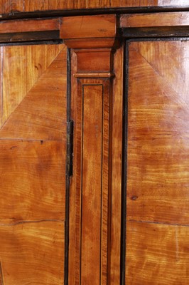 Lot 435 - A George III Sheraton period satinwood and tulipwood demilune side cabinet