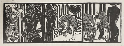 Lot 327 - 'Peeping in Red Light District' linocut