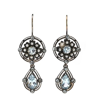 Lot 197 - A pair of topaz and seed pearl drop earrings