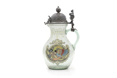 Lot 324 - A pewter-mounted glass Historismus claret jug