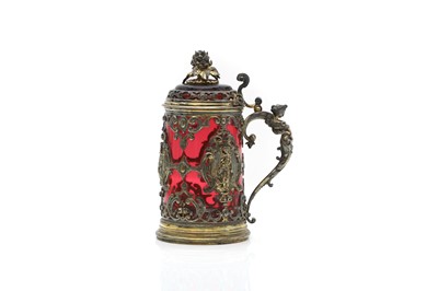 Lot 325 - A Renaissance revival ruby glass and gilt metalmounted tankard