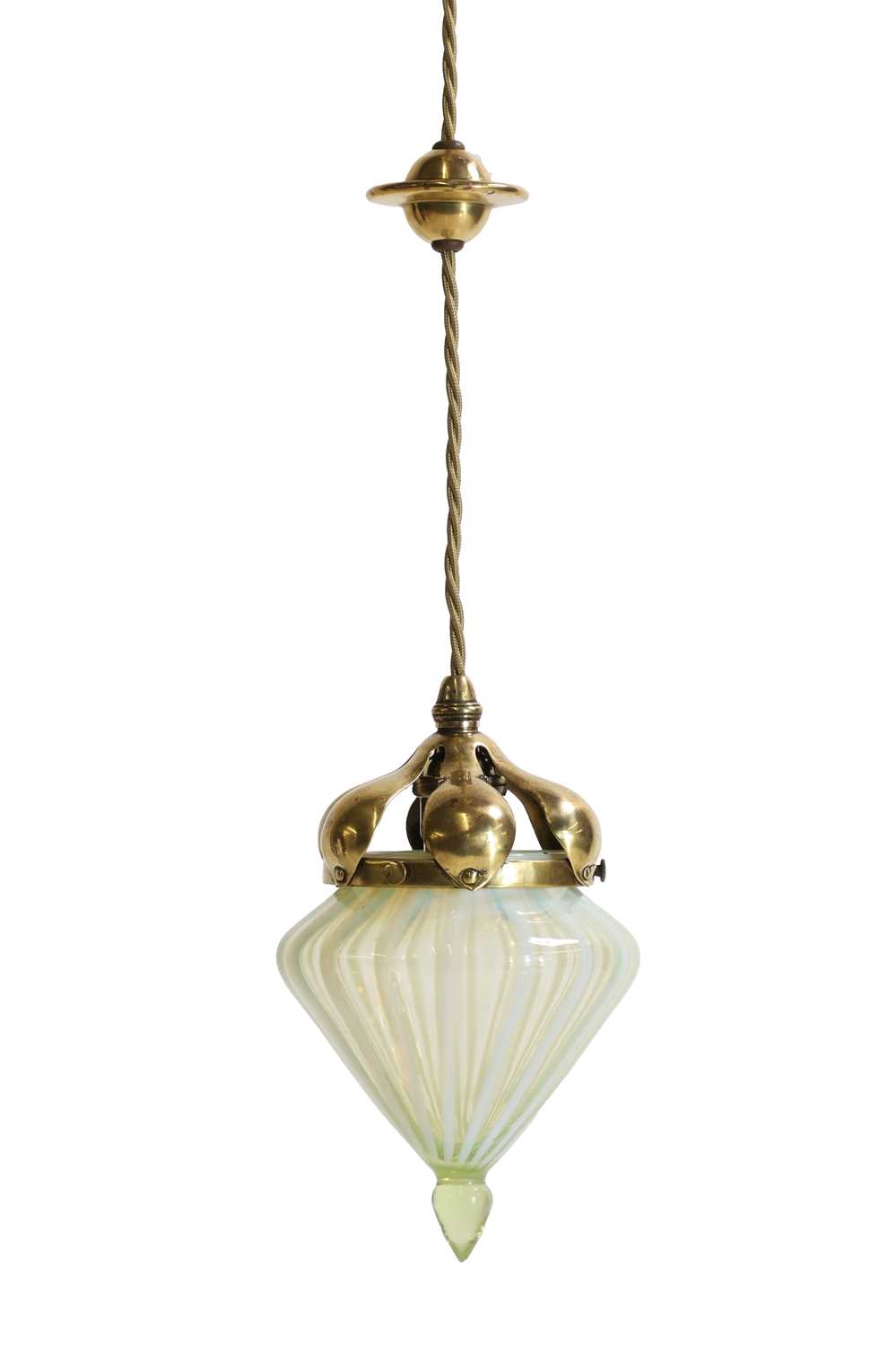 Lot 119 - A WAS Benson brass and straw opalescent glass ceiling light