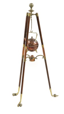 Lot 390A - A copper, brass and wood tripod kettle stand