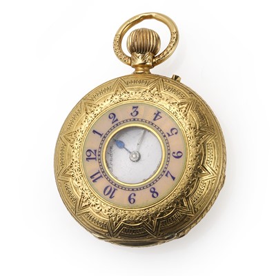 Lot 524 - An 18ct gold enamel half hunter pin set fob watch, by J.W. Benson