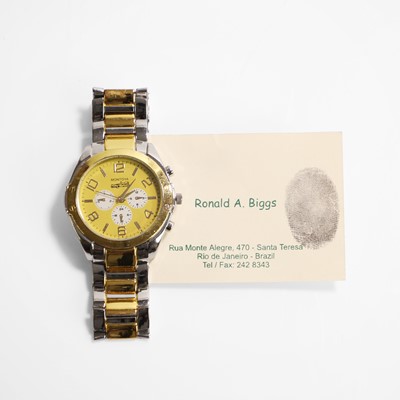 Lot 196 - A Ronnie Biggs 'Montoya' wristwatch and business card