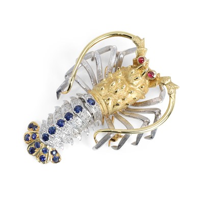 Lot 89 - A two colour gold diamond, ruby and sapphire novelty brooch