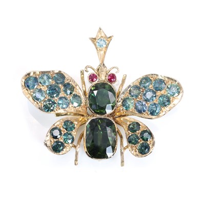 Lot 155 - A sapphire and ruby butterfly brooch/pendant