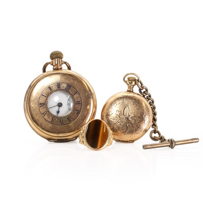 Lot 36G - A tiger's eye ring and two rolled gold pocket/fob watches